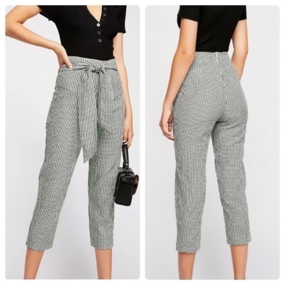Free People West Side Green White Check Gingham Tie Waist Crop Pants 4